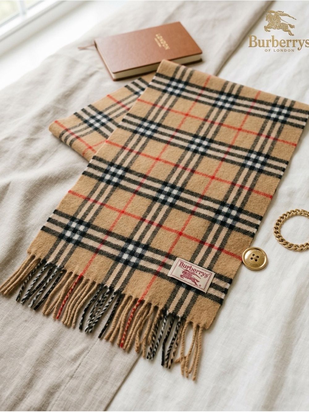 Vintage Burberrys Cashmere Check Scarf | Made in Scotland | Classic Tan Plaid - Picture 4 of 5